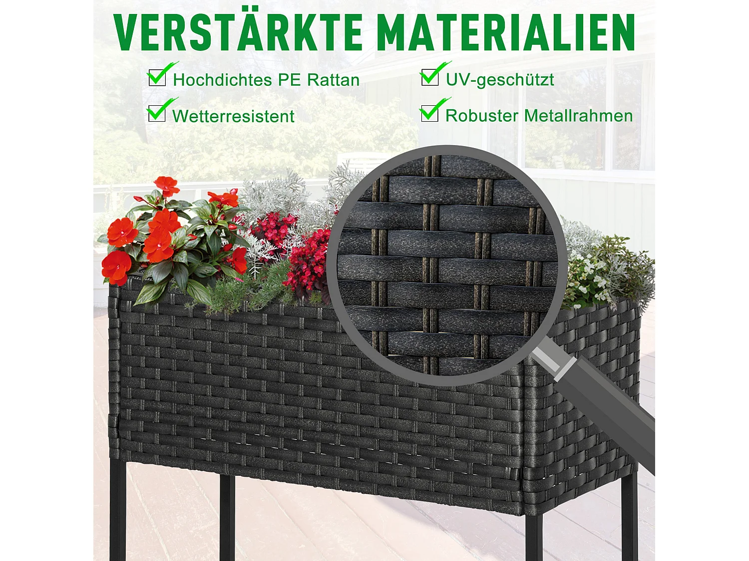 Verhoogde bloembak van polyrotan met plankje, voor tuinbalkonterras, bruin (70x30x72 cm)