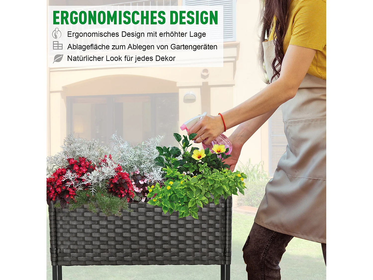 Verhoogde bloembak van polyrotan met plankje, voor tuinbalkonterras, bruin (70x30x72 cm)