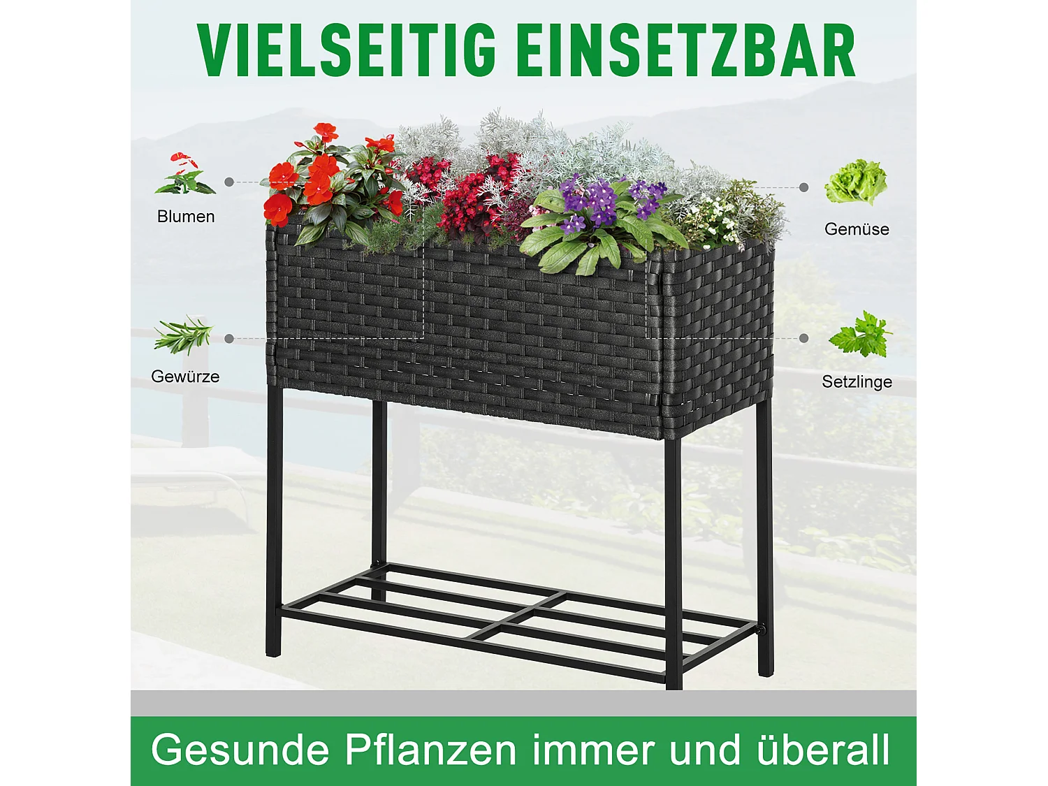 Verhoogde bloembak van polyrotan met plankje, voor tuinbalkonterras, bruin (70x30x72 cm)