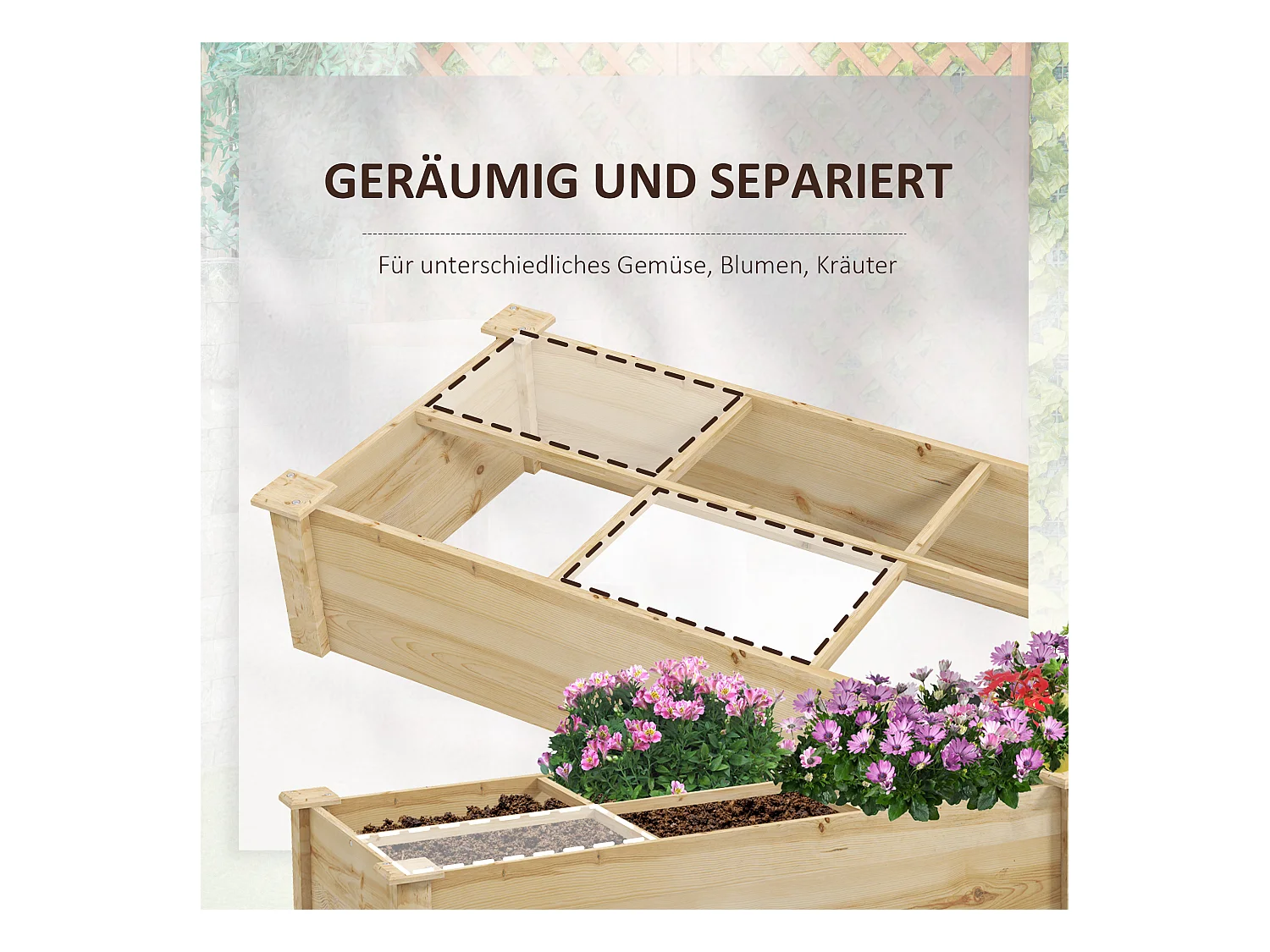 Jardin surélevé en bois avec 2 compartiments, pour terrasse et balcon, naturel (237x60x25 cm)