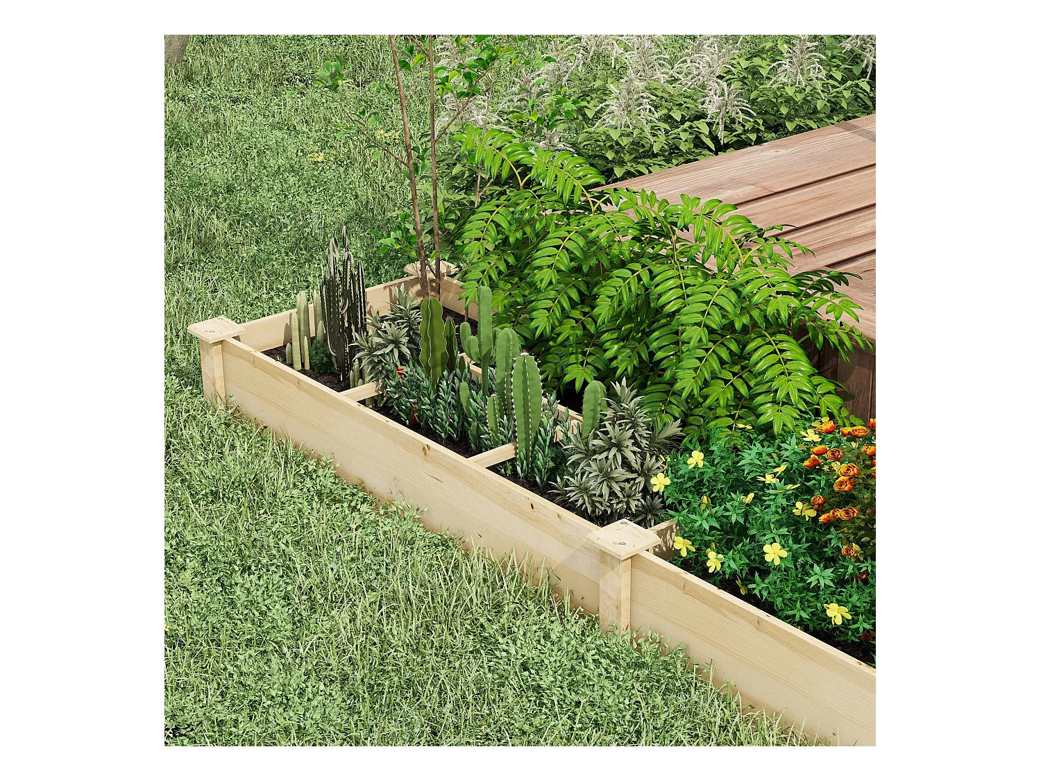 Jardin surélevé en bois avec 2 compartiments, pour terrasse et balcon, naturel (237x60x25 cm)