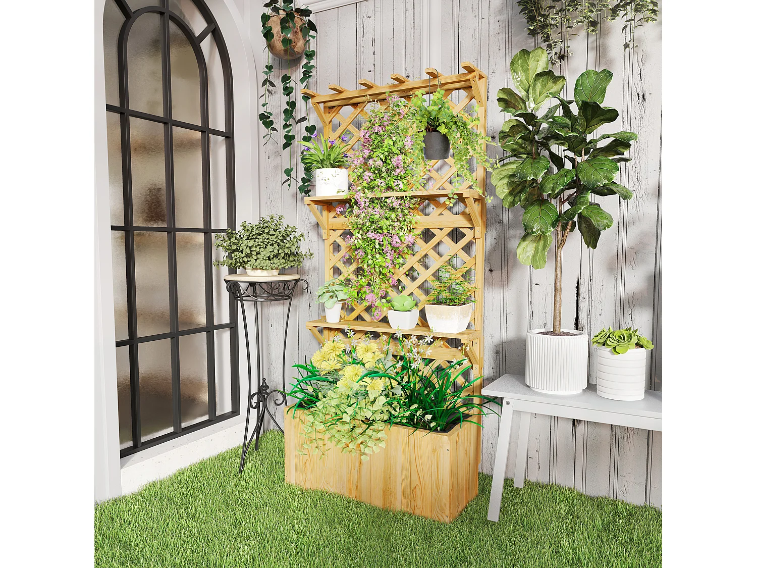 Verhoogde bloembak met trellis, natuurlijk sparrenhout, met planken, natuurlijk grijs (76x33x177cm)