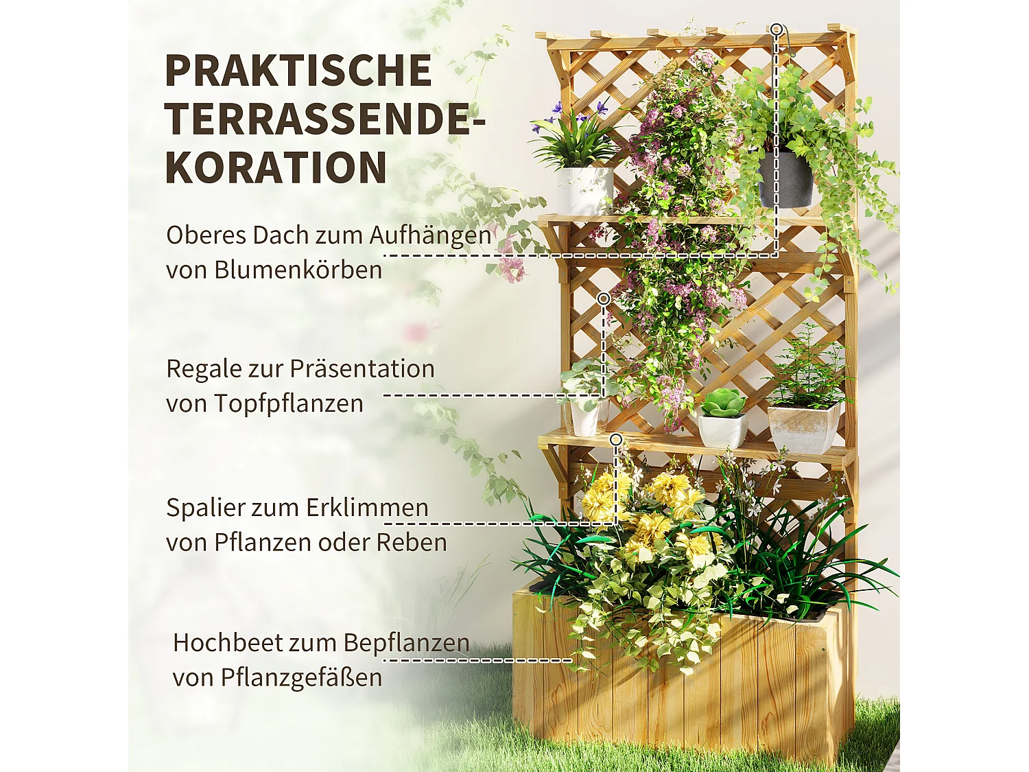 Verhoogde bloembak met trellis, natuurlijk sparrenhout, met planken, natuurlijk grijs (76x33x177cm)