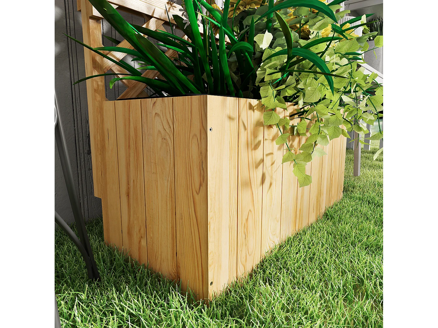 Verhoogde bloembak met trellis, natuurlijk sparrenhout, met planken, natuurlijk grijs (76x33x177cm)