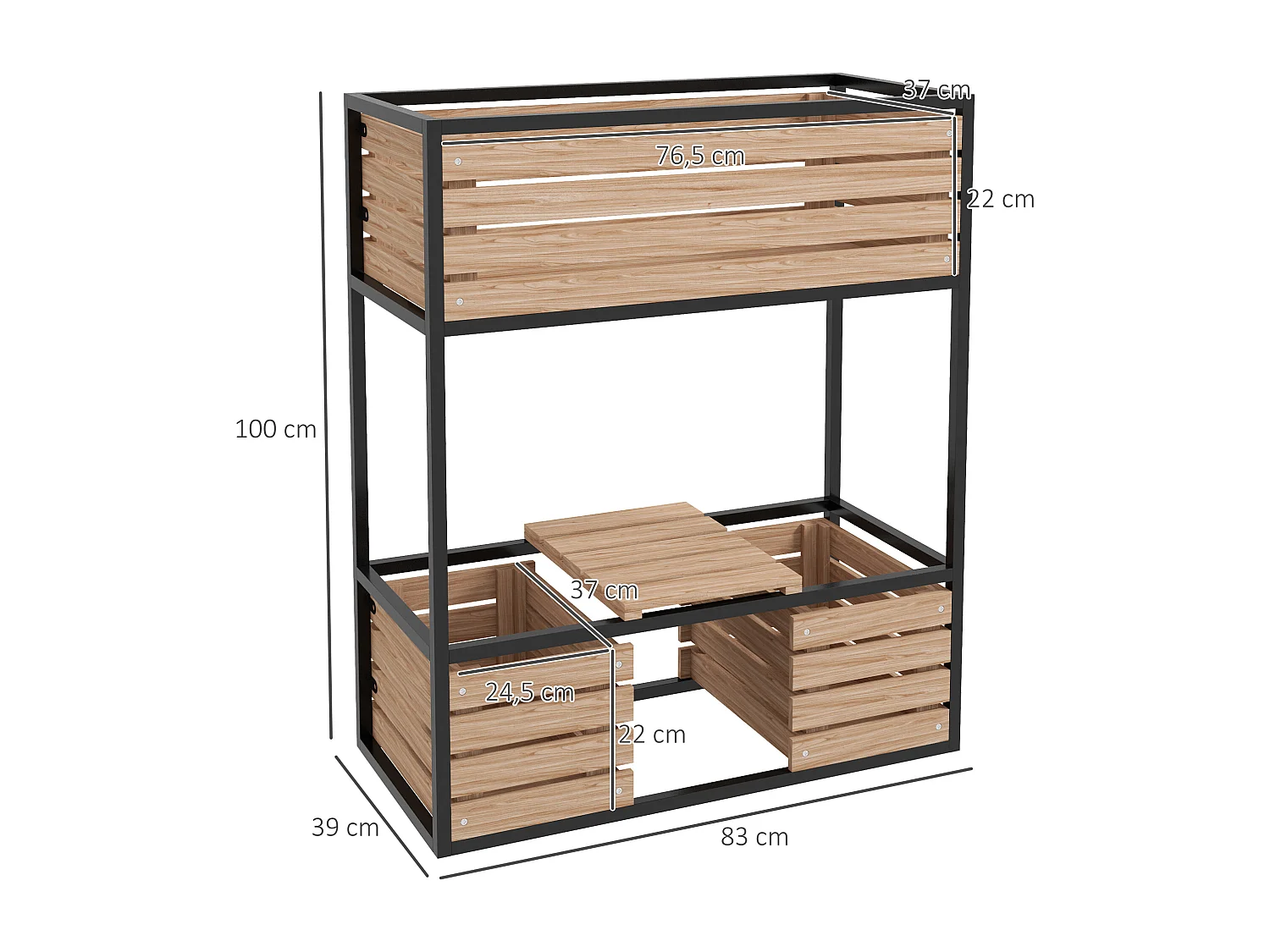 Haut bac à plantes en bois 2 niveaux avec étagère, revêtement intérieur, brun clair (83x39x100cm)