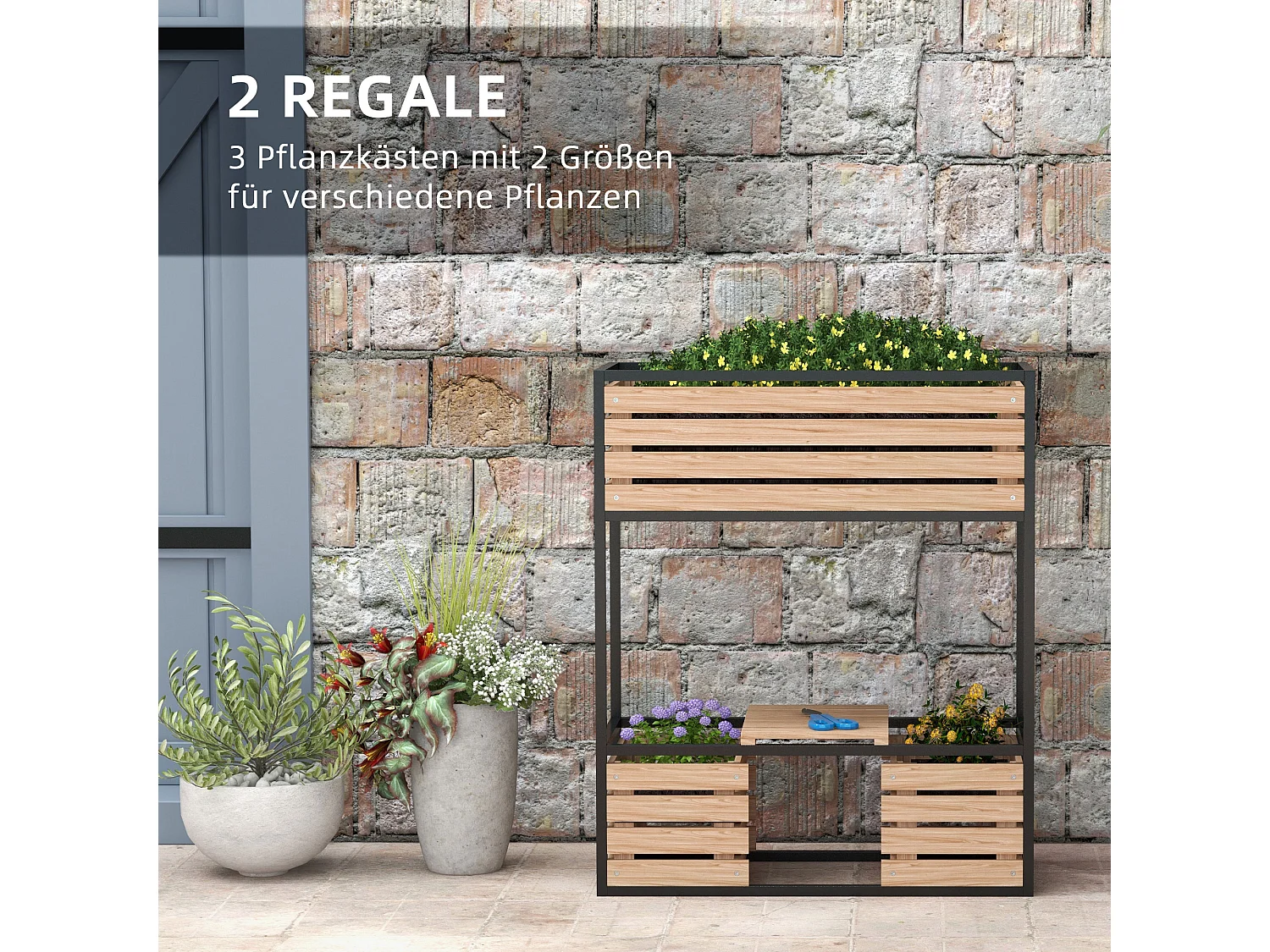 Haut bac à plantes en bois 2 niveaux avec étagère, revêtement intérieur, brun clair (83x39x100cm)