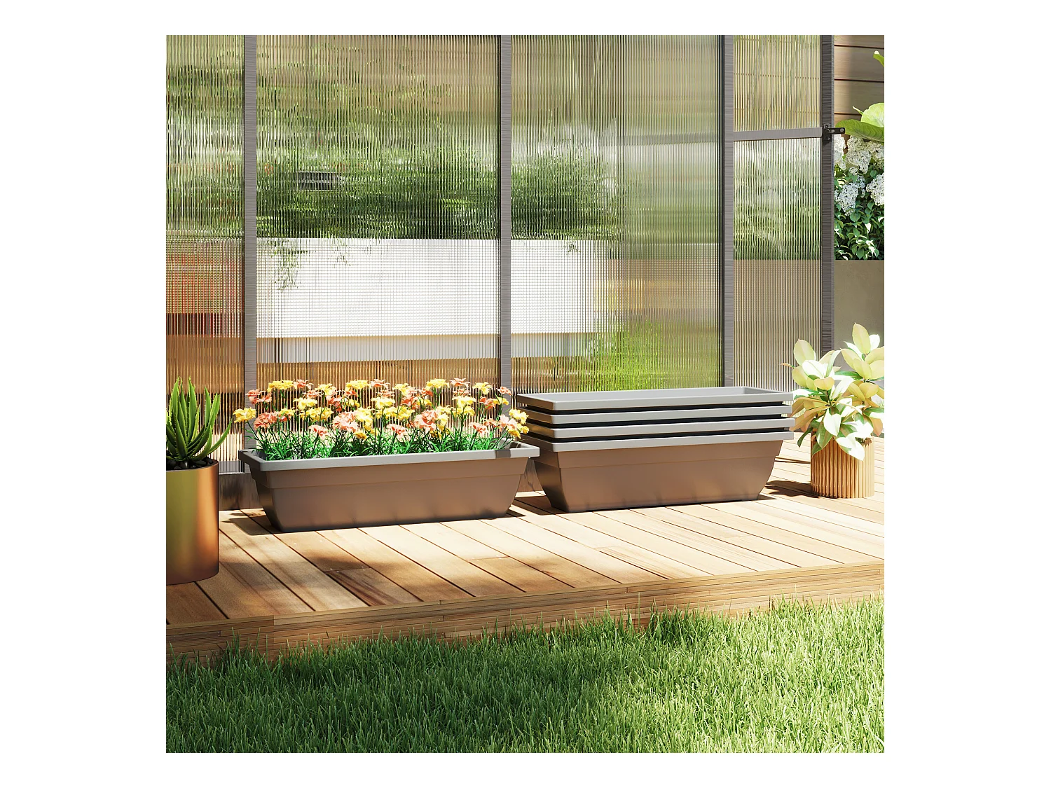 Set de 5 pots de fleurs empilables, plastique, résistant aux intempéries, gris (59x21x16 cm)