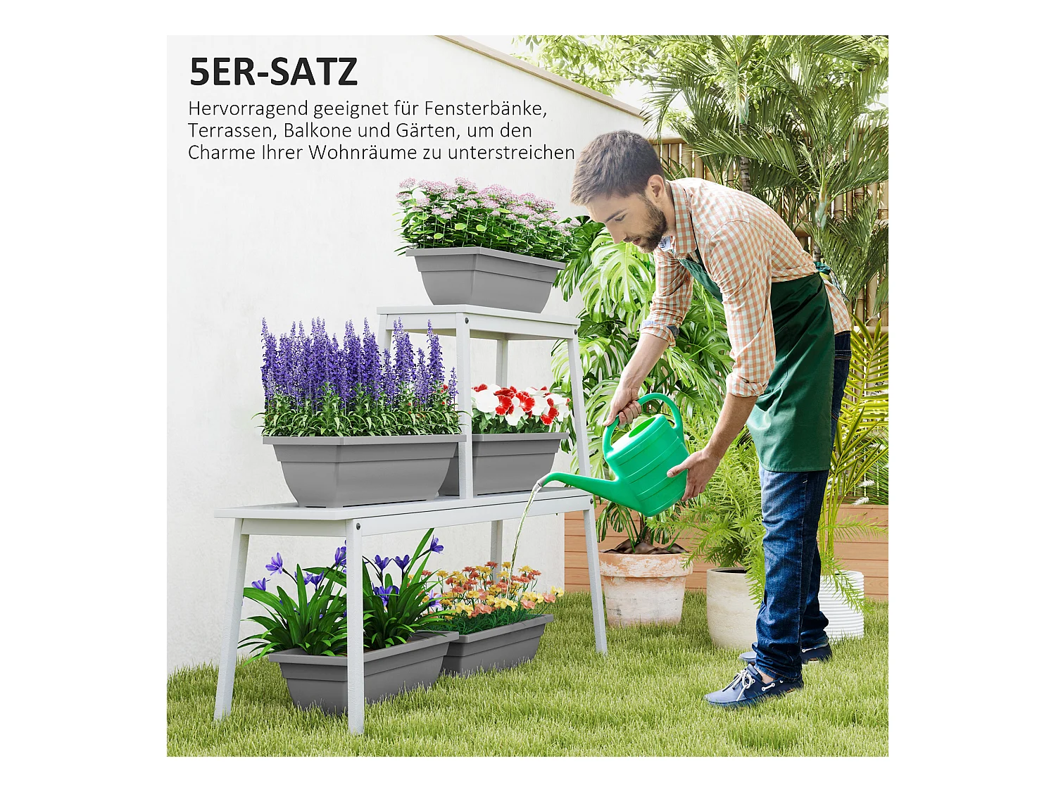 Set de 5 pots de fleurs empilables, plastique, résistant aux intempéries, gris (59x21x16 cm)