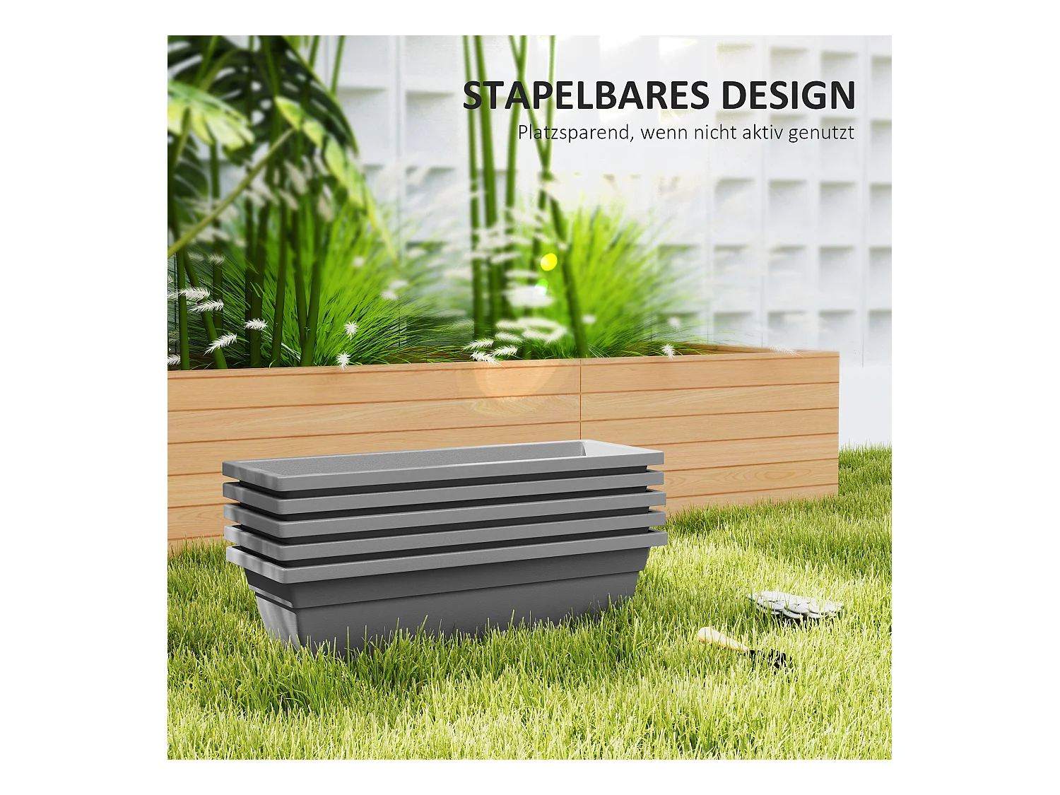 Set de 5 pots de fleurs empilables, plastique, résistant aux intempéries, gris (59x21x16 cm)