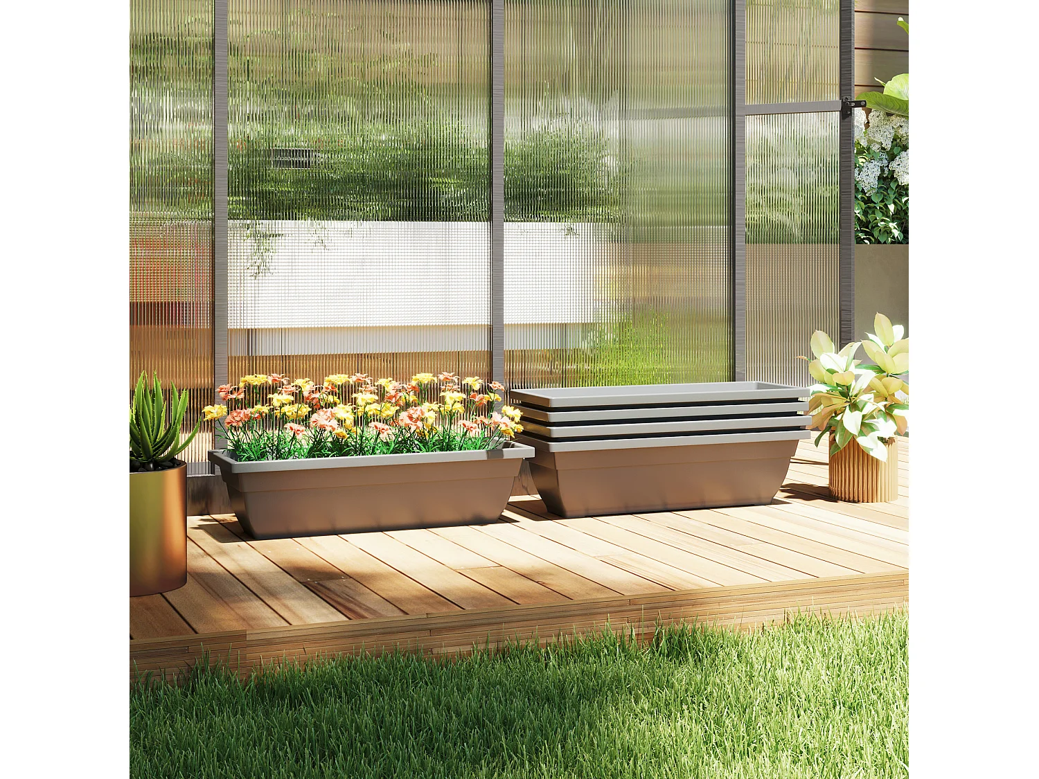 Set de 5 pots de fleurs empilables, plastique, résistant aux intempéries, gris (59x21x16 cm)