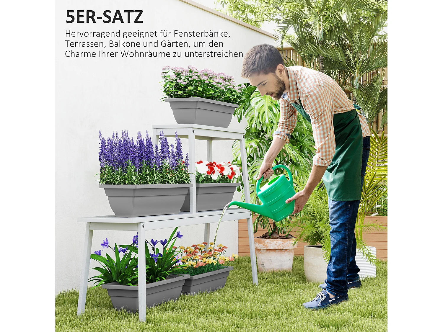 Set de 5 pots de fleurs empilables, plastique, résistant aux intempéries, gris (59x21x16 cm)