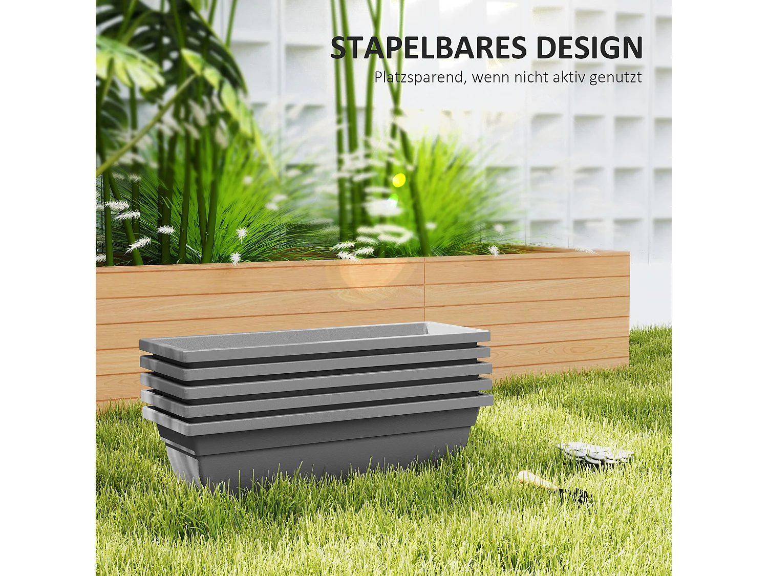 Set de 5 pots de fleurs empilables, plastique, résistant aux intempéries, gris (59x21x16 cm)