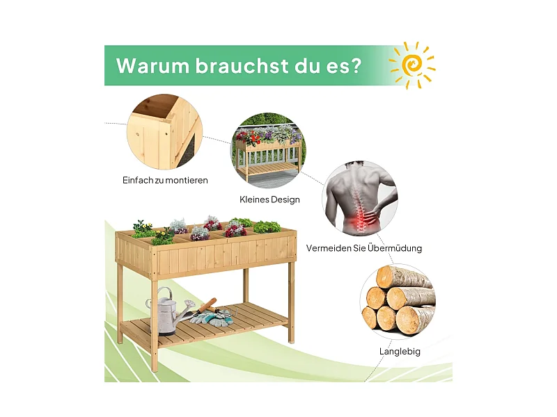 Table de jardin en bois avec 8 compartiments et drainage, table de culture en bois massif, naturel (110x46x76 cm)