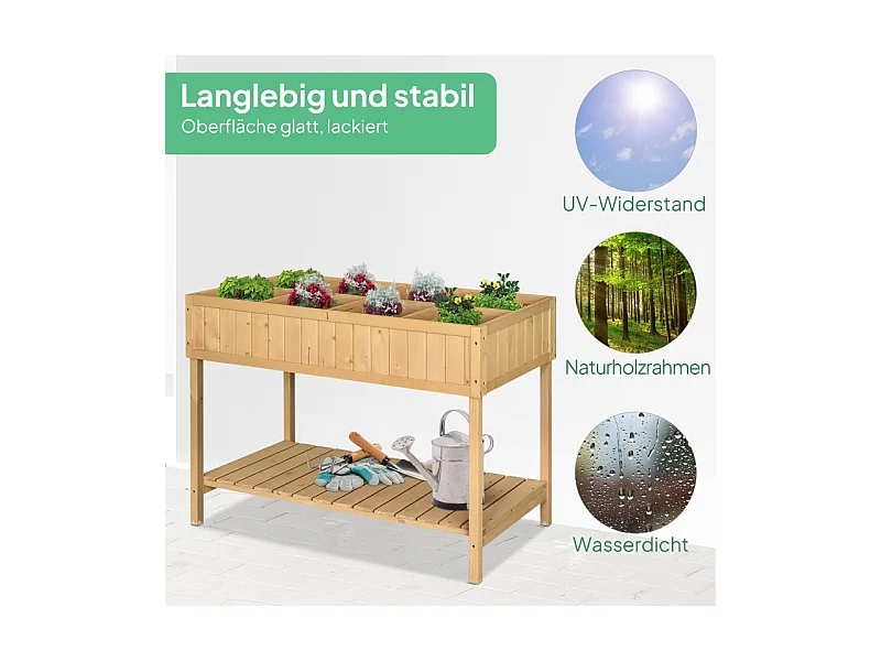 Table de jardin en bois avec 8 compartiments et drainage, table de culture en bois massif, naturel (110x46x76 cm)