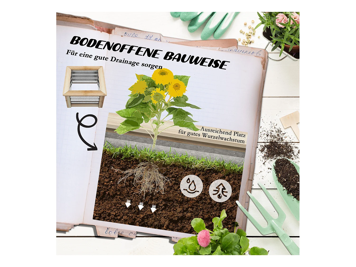 Jardin surélevé en métal avec cadre en bois, 45x45x30 cm, (45x45x30 cm)