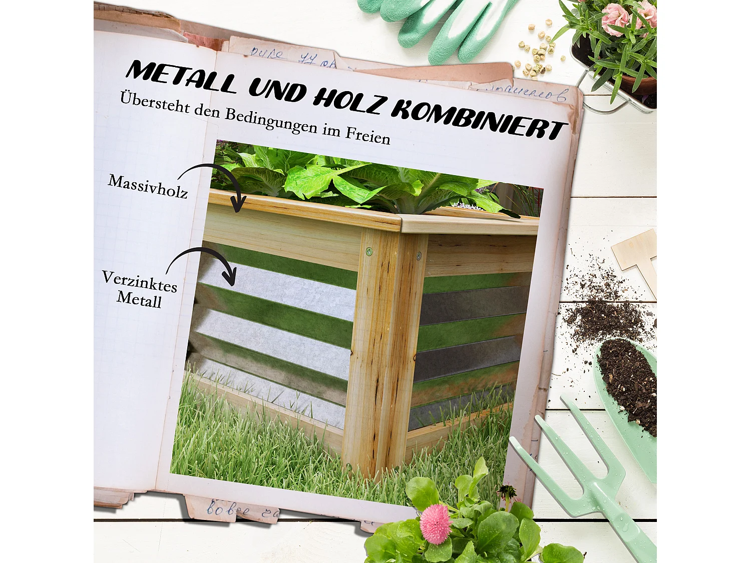 Jardin surélevé en métal avec cadre en bois, 45x45x30 cm, (45x45x30 cm)