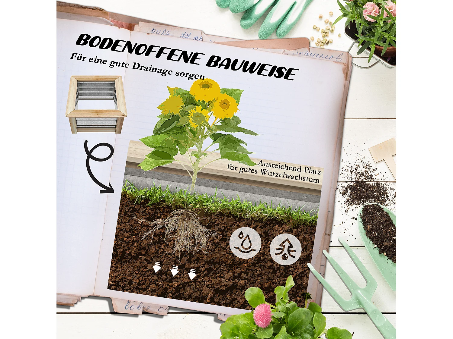 Jardin surélevé en métal avec cadre en bois, 45x45x30 cm, (45x45x30 cm)