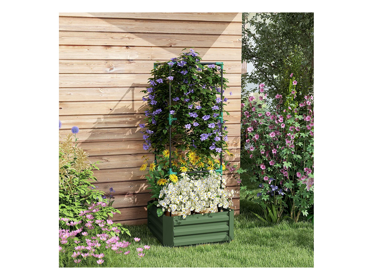 Jardin surélevé avec treillis, en acier galvanisé, vert (61x61x140 cm)