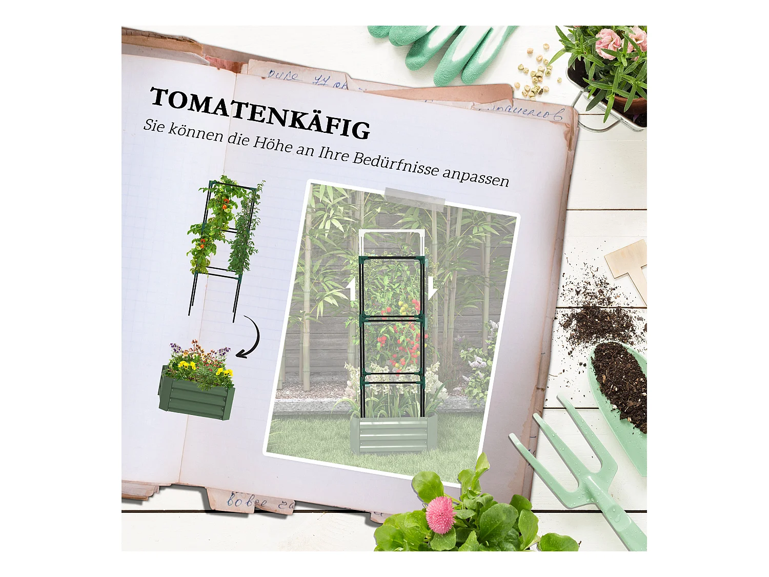 Jardin surélevé avec treillis, en acier galvanisé, vert (61x61x140 cm)