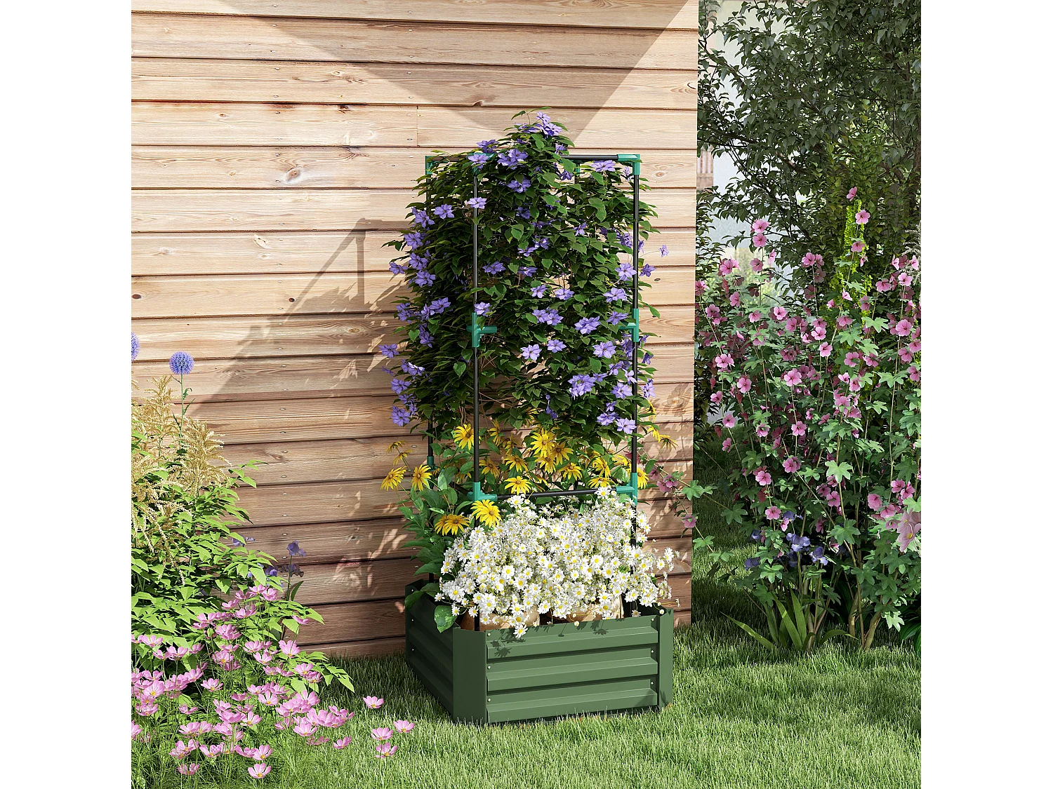 Jardin surélevé avec treillis, en acier galvanisé, vert (61x61x140 cm)