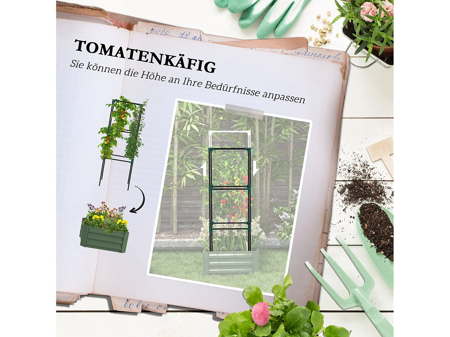 Jardin surélevé avec treillis, en acier galvanisé, vert (61x61x140 cm)