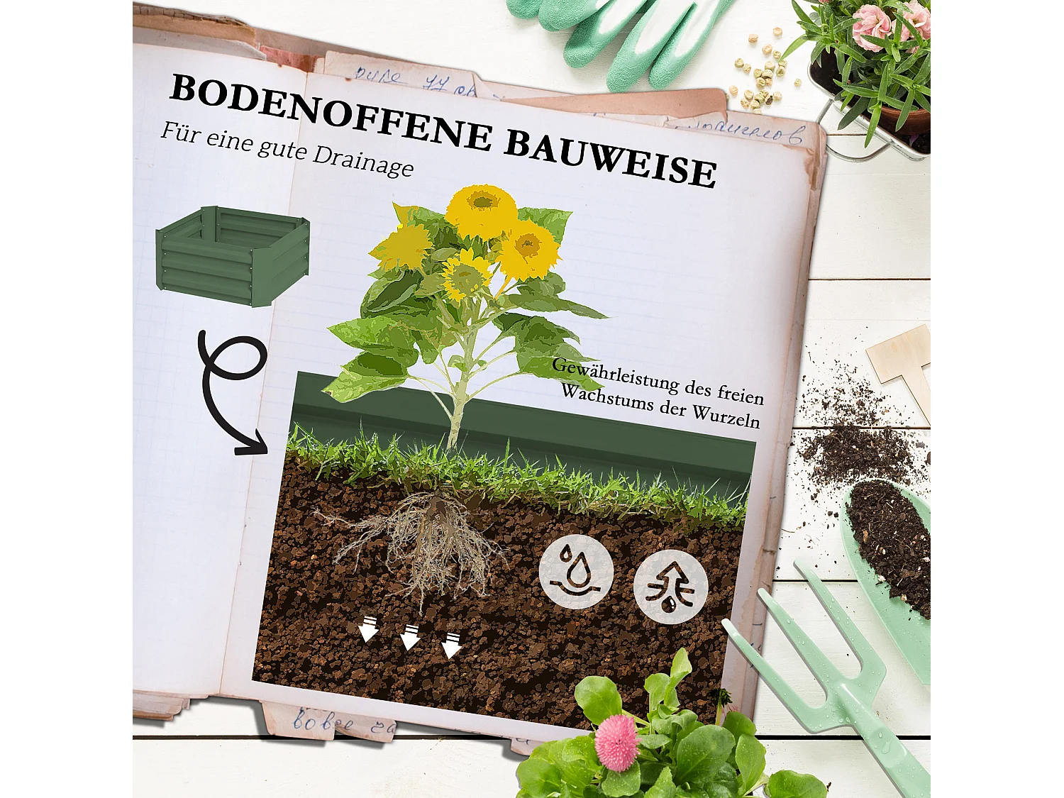 Jardin surélevé avec treillis, en acier galvanisé, vert (61x61x140 cm)