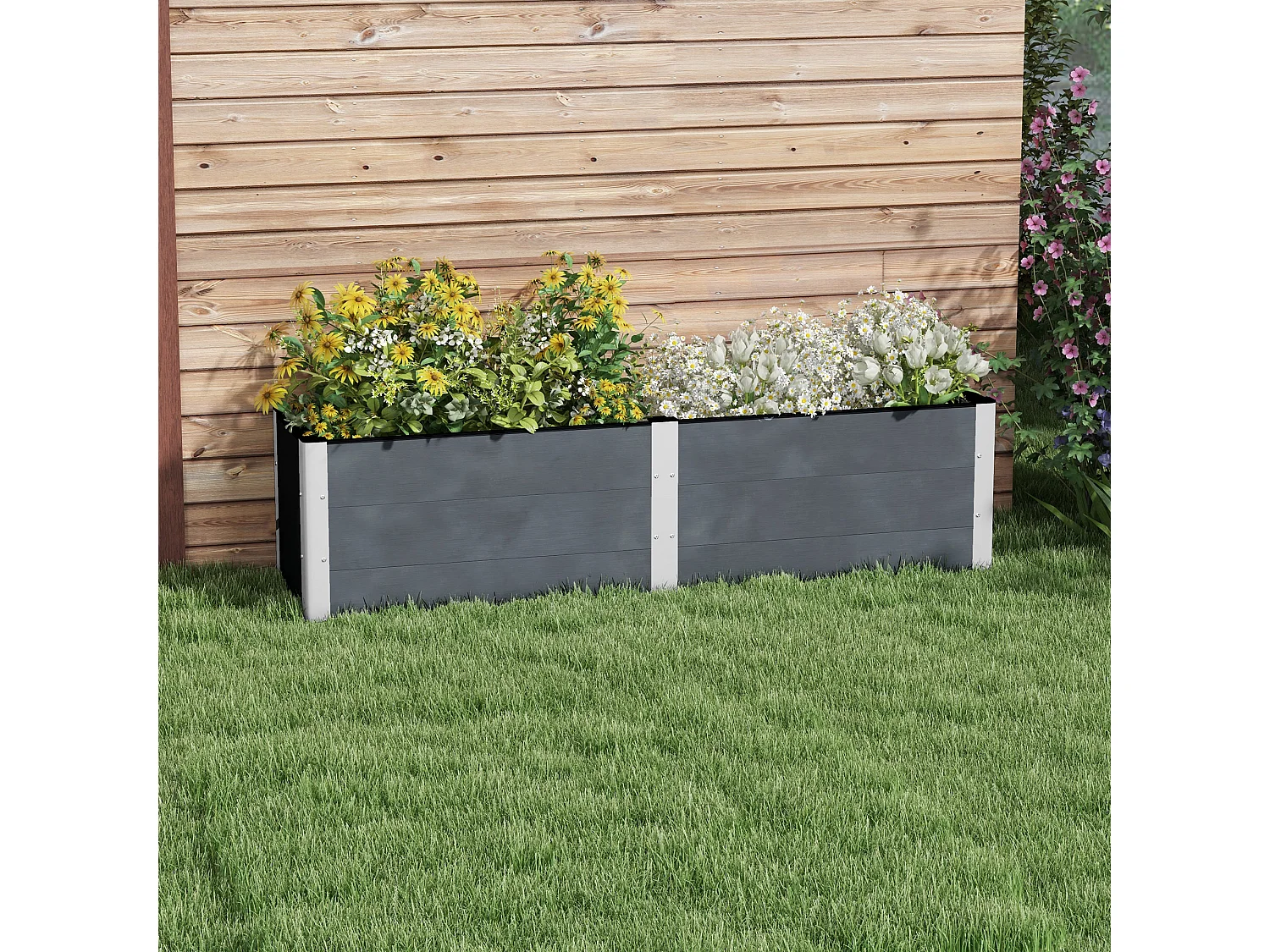 Verhoogd bed met open bodem, grijze aluminium plantenbak, voor tuin en balkon (200x50x56 cm)