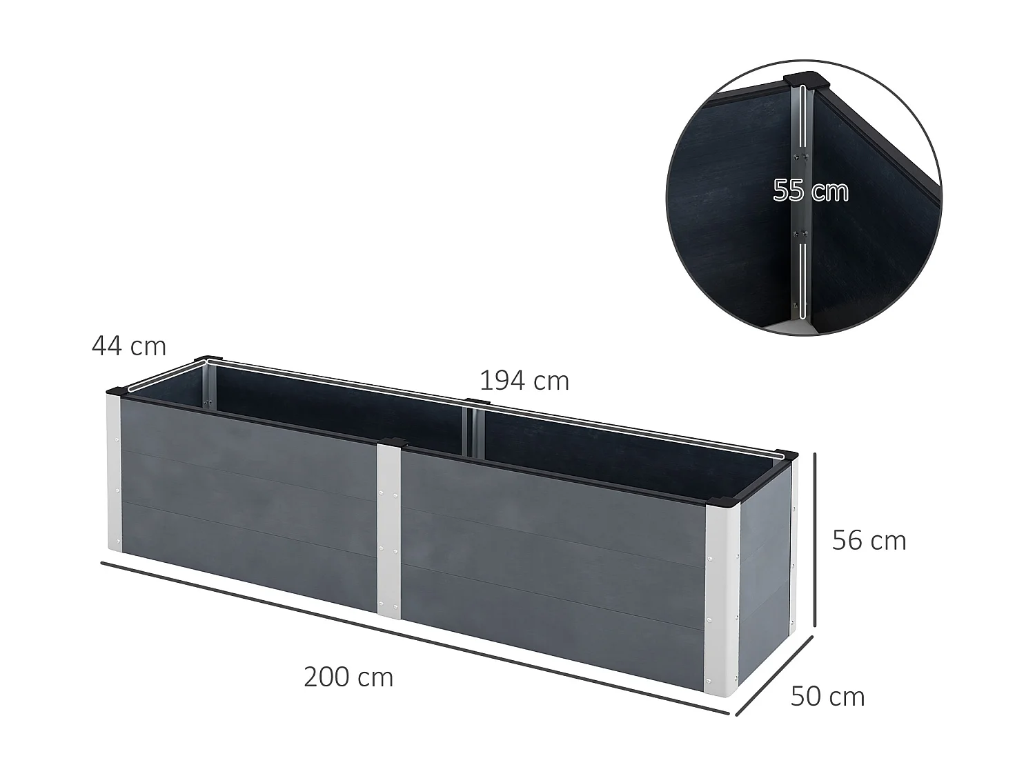 Verhoogd bed met open bodem, grijze aluminium plantenbak, voor tuin en balkon (200x50x56 cm)