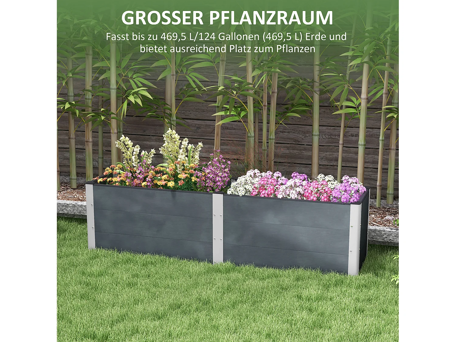 Verhoogd bed met open bodem, grijze aluminium plantenbak, voor tuin en balkon (200x50x56 cm)