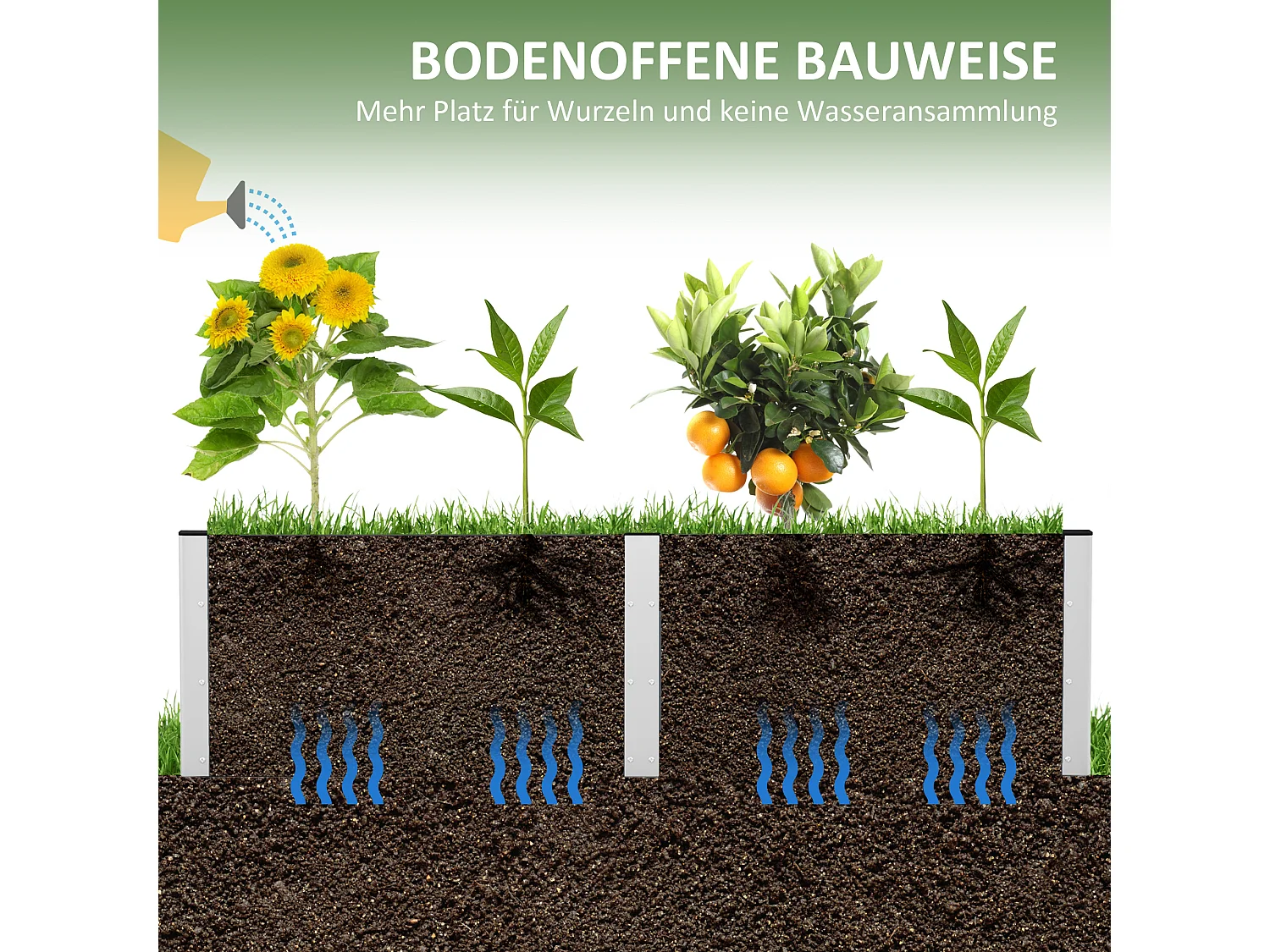 Verhoogd bed met open bodem, grijze aluminium plantenbak, voor tuin en balkon (200x50x56 cm)