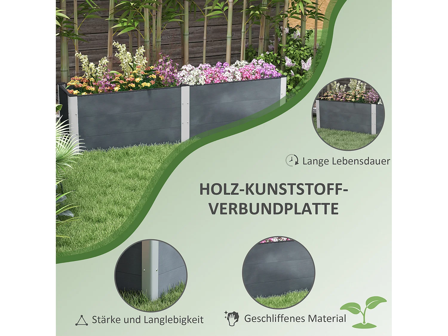 Verhoogd bed met open bodem, grijze aluminium plantenbak, voor tuin en balkon (200x50x56 cm)