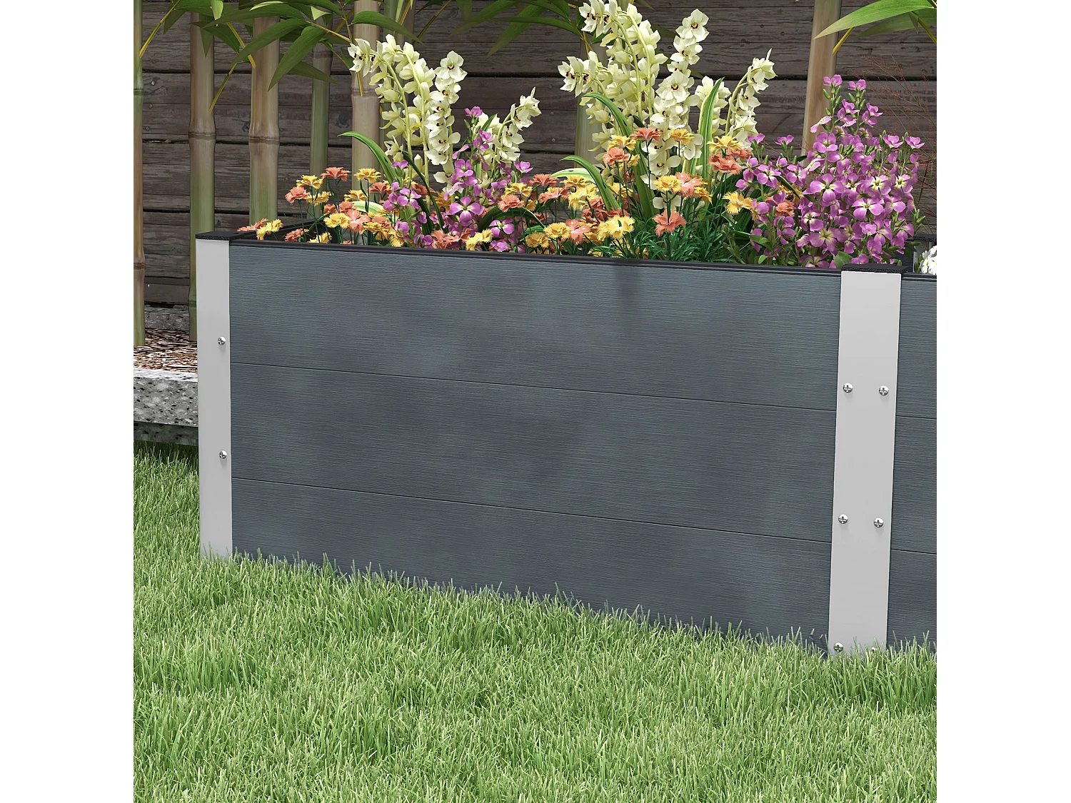 Verhoogd bed met open bodem, grijze aluminium plantenbak, voor tuin en balkon (200x50x56 cm)