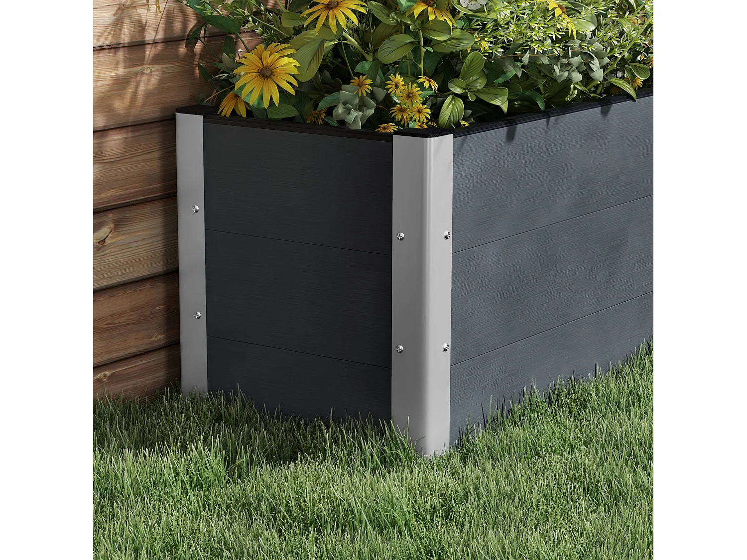 Verhoogd bed met open bodem, grijze aluminium plantenbak, voor tuin en balkon (200x50x56 cm)