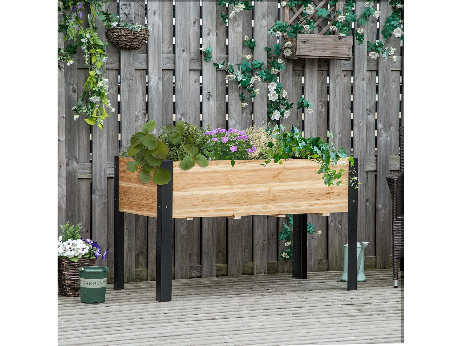 Grote bloembak, gemengde massief houten en stalen constructie, zwart en naturel (120x60x74cm)