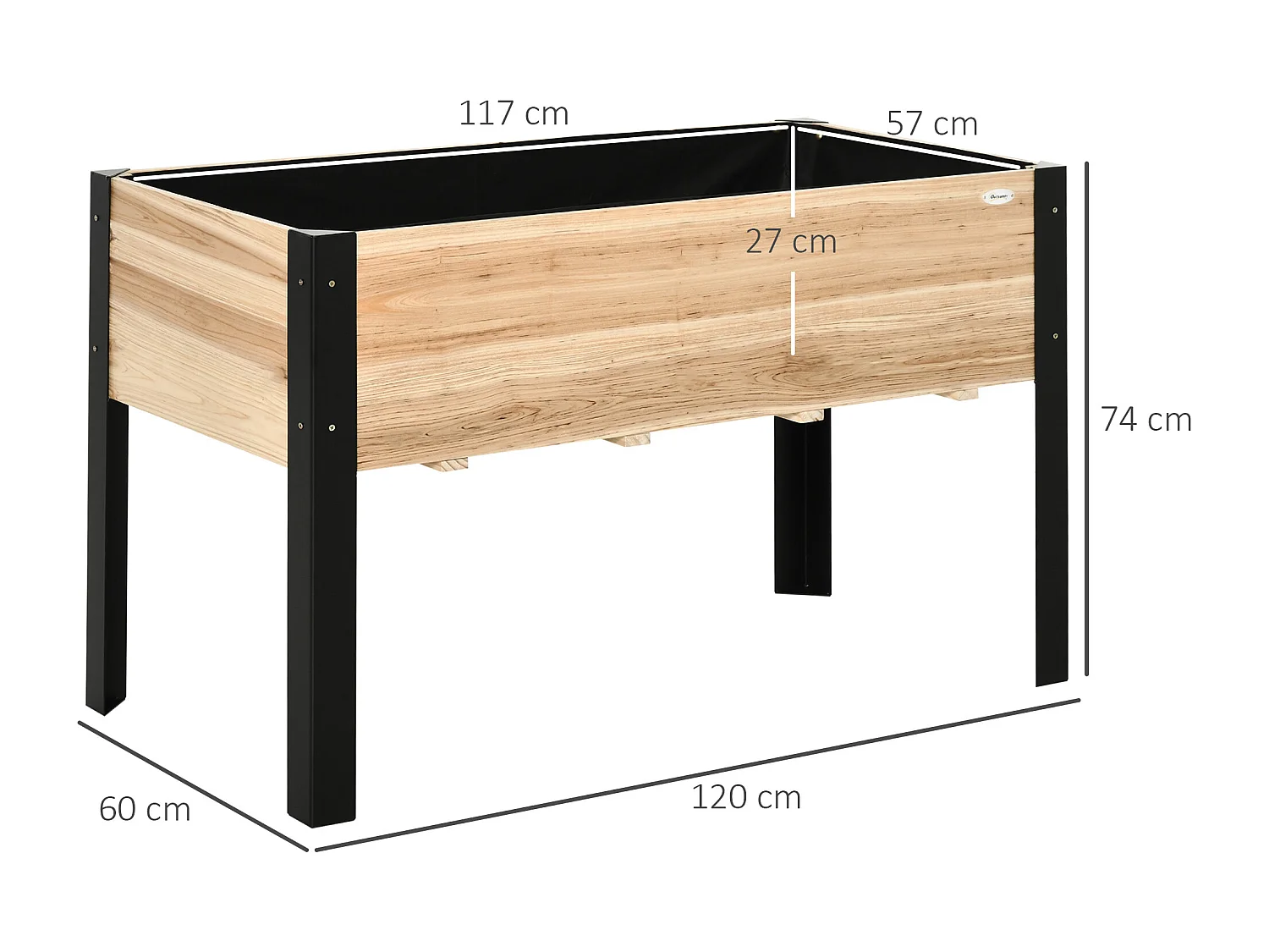 Grote bloembak, gemengde massief houten en stalen constructie, zwart en naturel (120x60x74cm)
