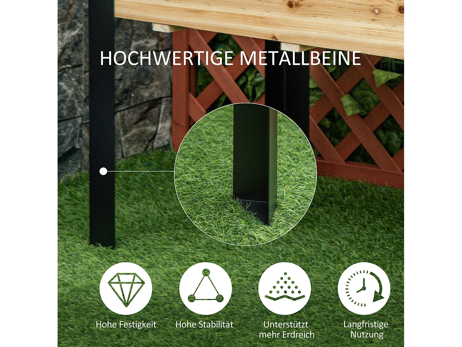 Grote bloembak, gemengde massief houten en stalen constructie, zwart en naturel (120x60x74cm)