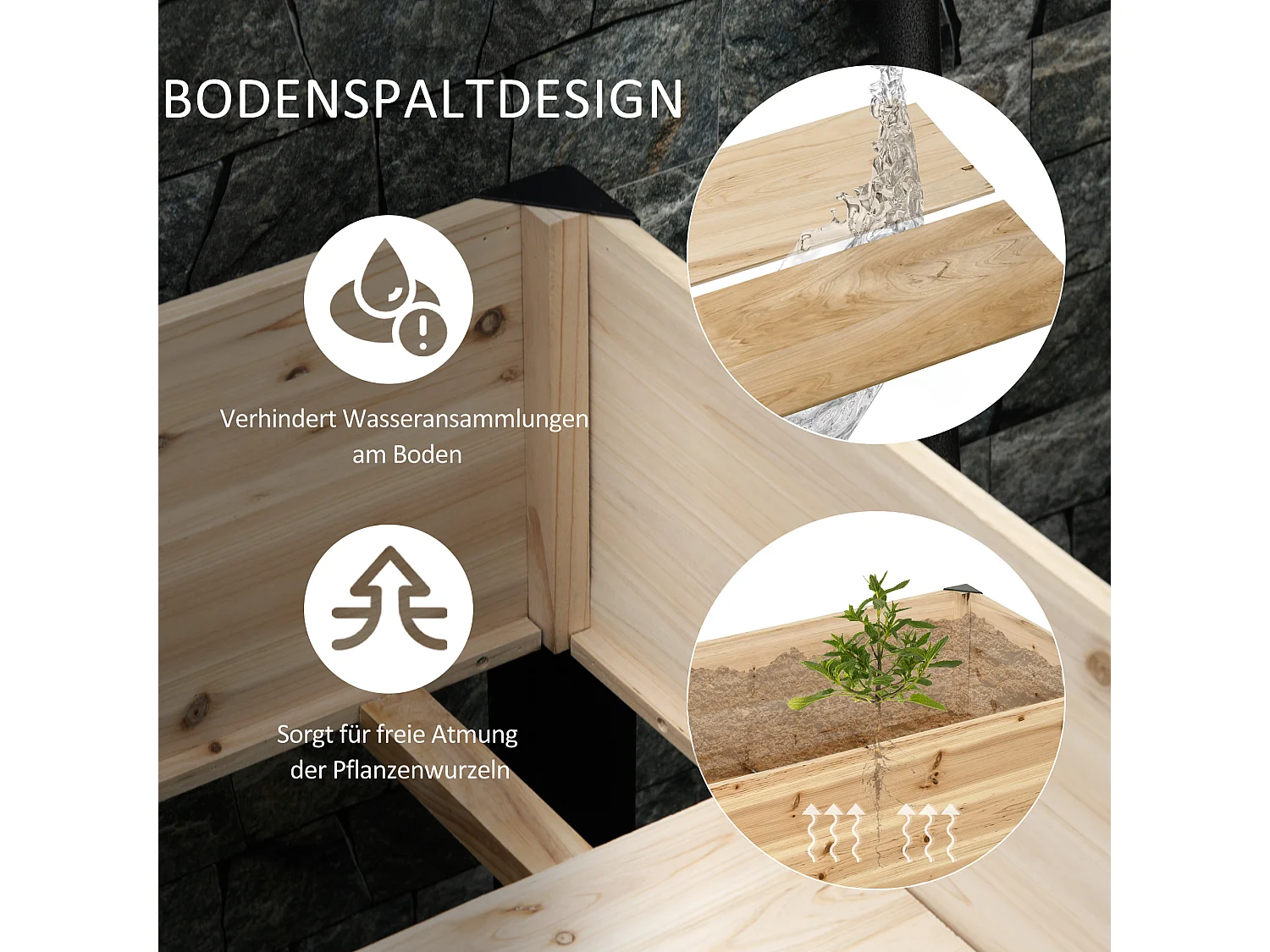 Grote bloembak, gemengde massief houten en stalen constructie, zwart en naturel (120x60x74cm)