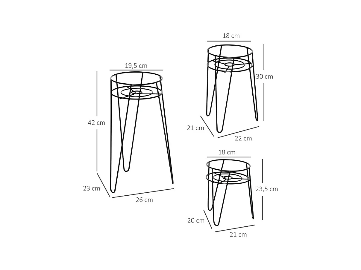 Porte-plantes en métal, set de 3, pour pots Ø16 cm, design élégant, noir (21x20x23.5 cm)