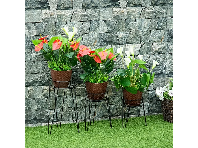 Porte-plantes en métal, set de 3, pour pots Ø16 cm, design élégant, noir (21x20x23.5 cm)