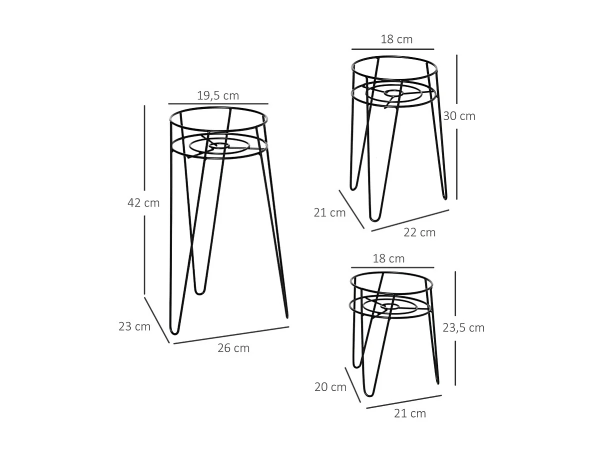 Porte-plantes en métal, set de 3, pour pots Ø16 cm, design élégant, noir (21x20x23.5 cm)