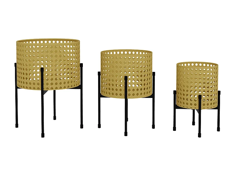 Set van 3 goudkleurige metalen plantenstandaards, rotandesign, voor binnen- en buitengebruik (30x30x40 cm)