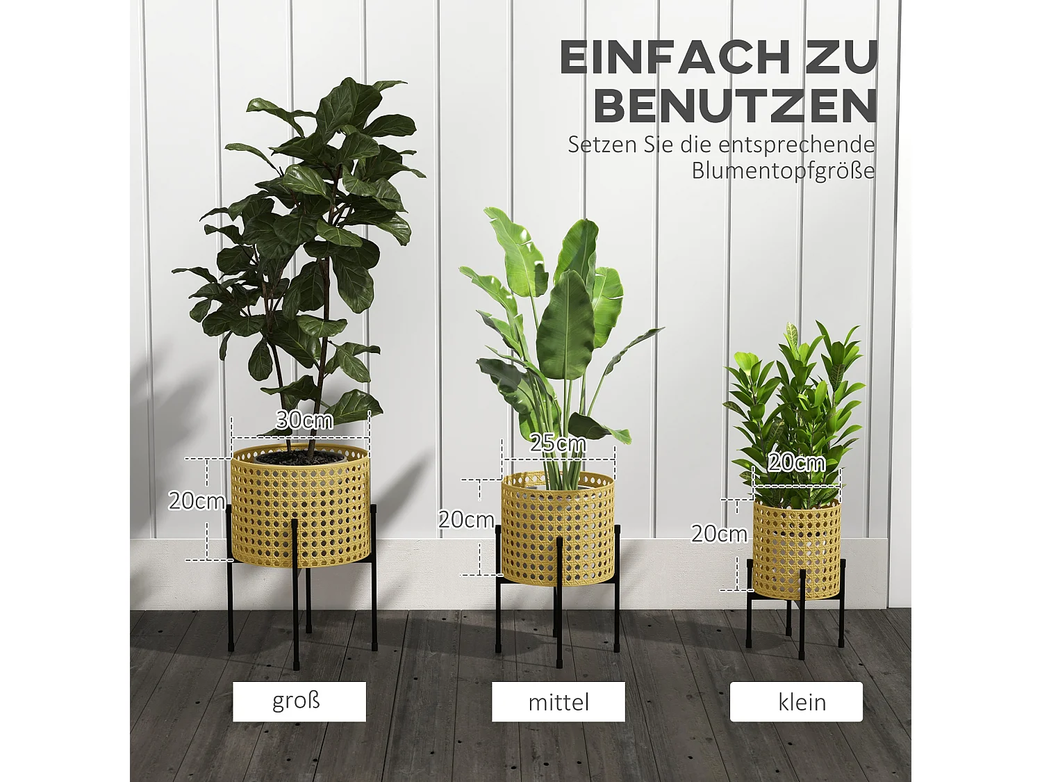 Ensemble de 3 supports à plantes en métal doré, design rotin, pour intérieur & extérieur (30x30x40 cm)