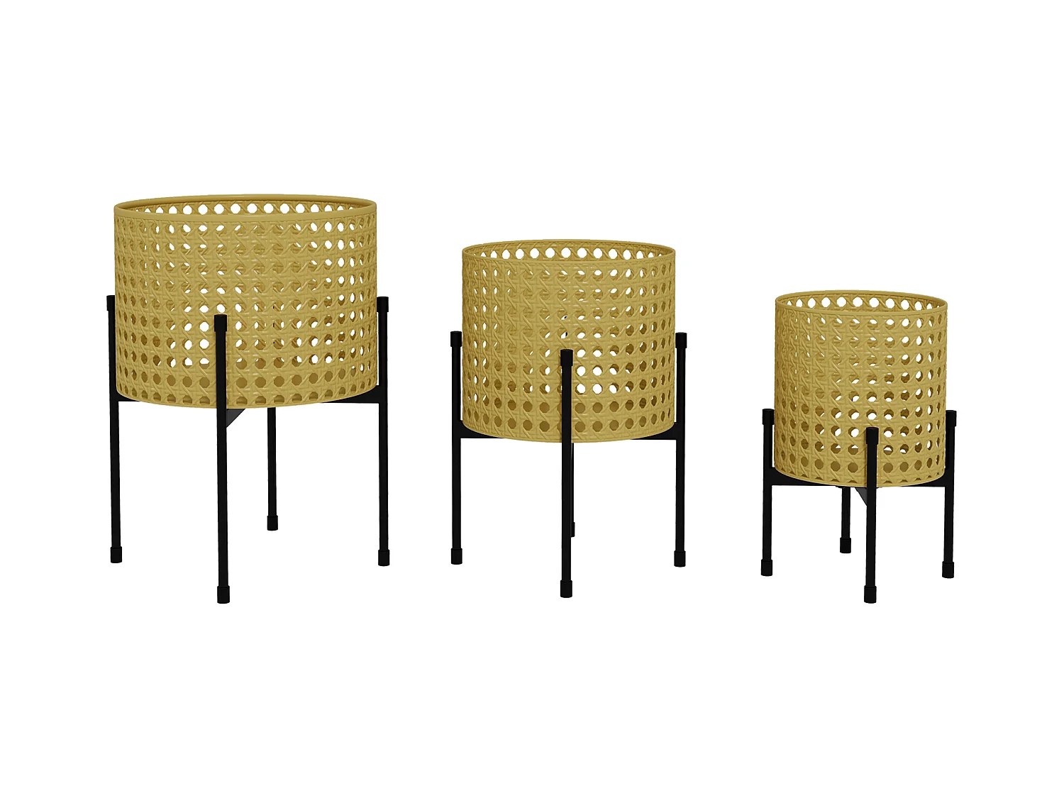 Ensemble de 3 supports à plantes en métal doré, design rotin, pour intérieur & extérieur (30x30x40 cm)