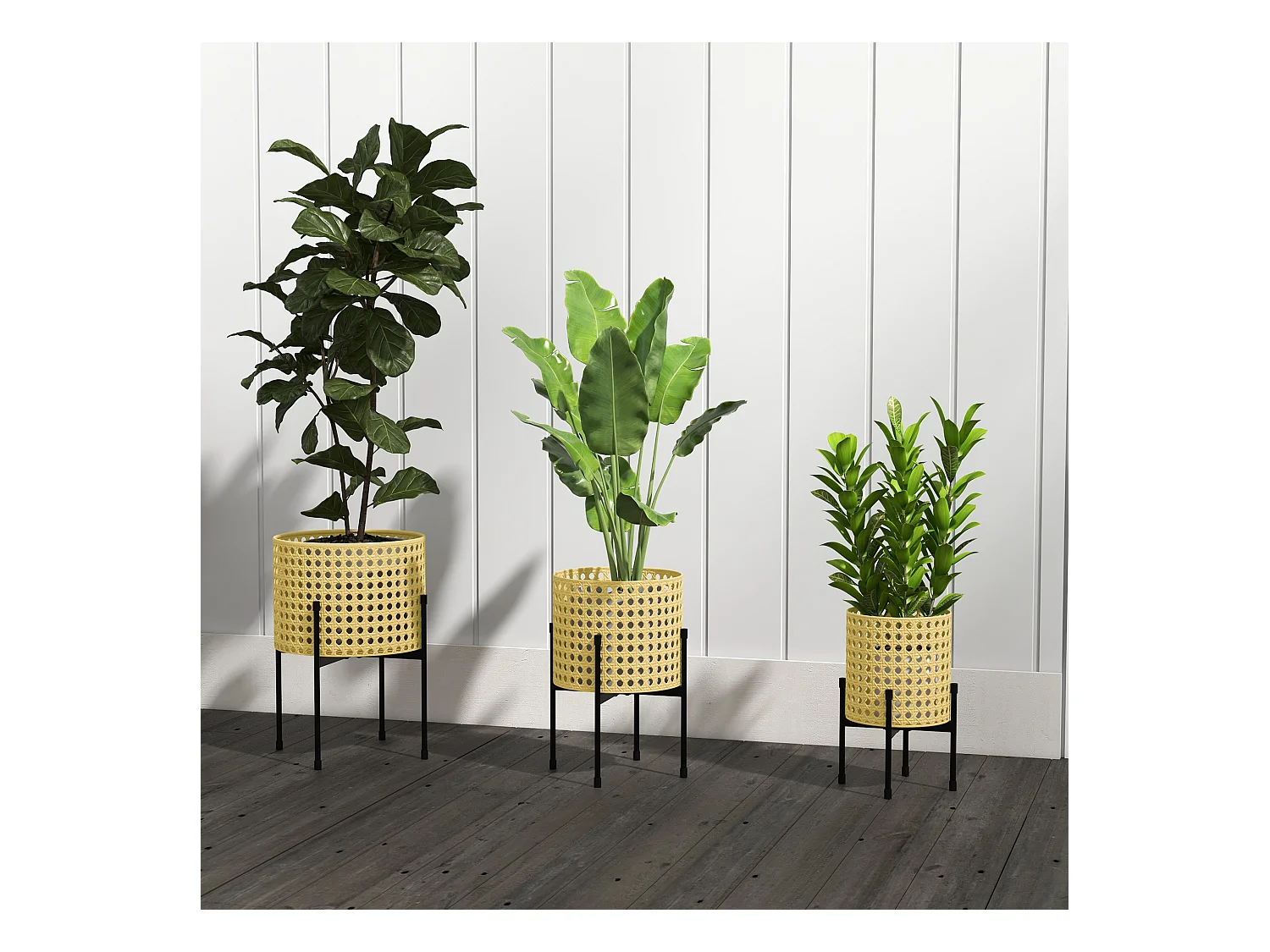 Juego de 3 soportes para plantas de metal dorado, diseño de ratán, para uso interior y exterior (30 x 30 x 40 cm)