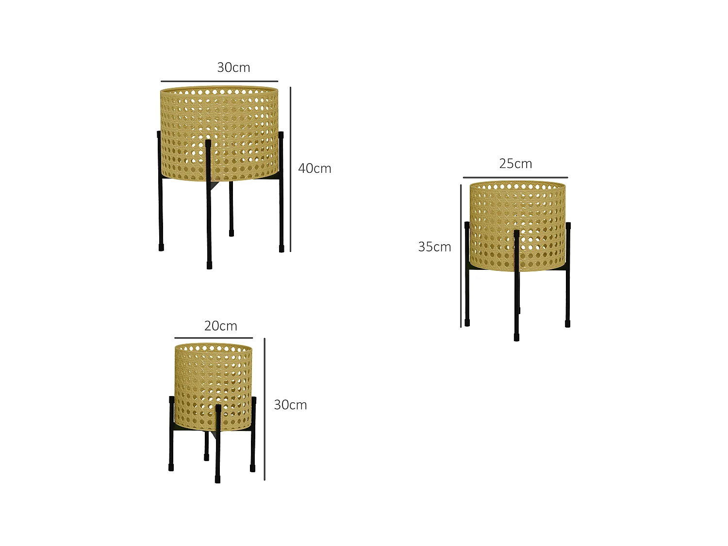 Juego de 3 soportes para plantas de metal dorado, diseño de ratán, para uso interior y exterior (30 x 30 x 40 cm)