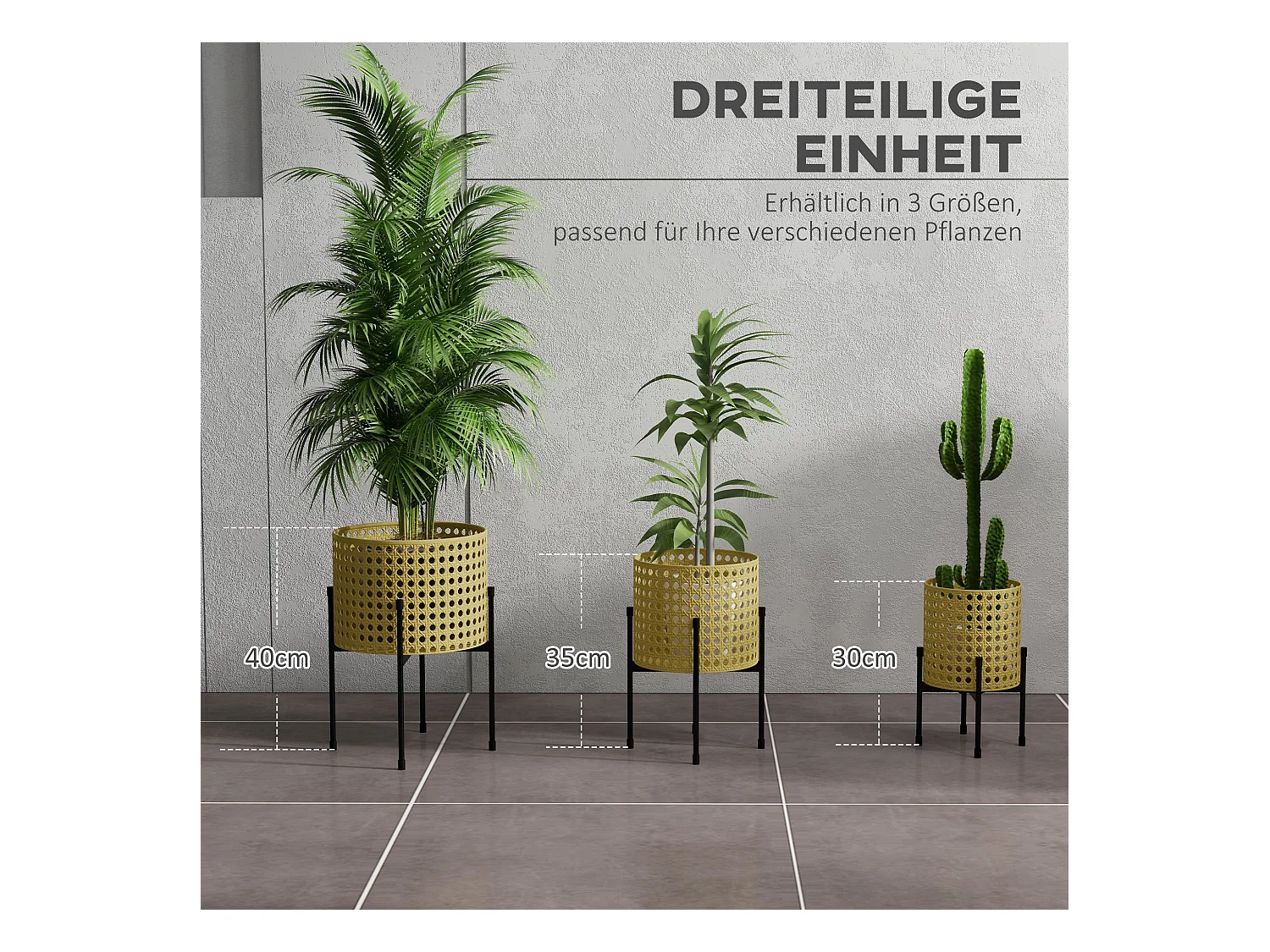Juego de 3 soportes para plantas de metal dorado, diseño de ratán, para uso interior y exterior (30 x 30 x 40 cm)