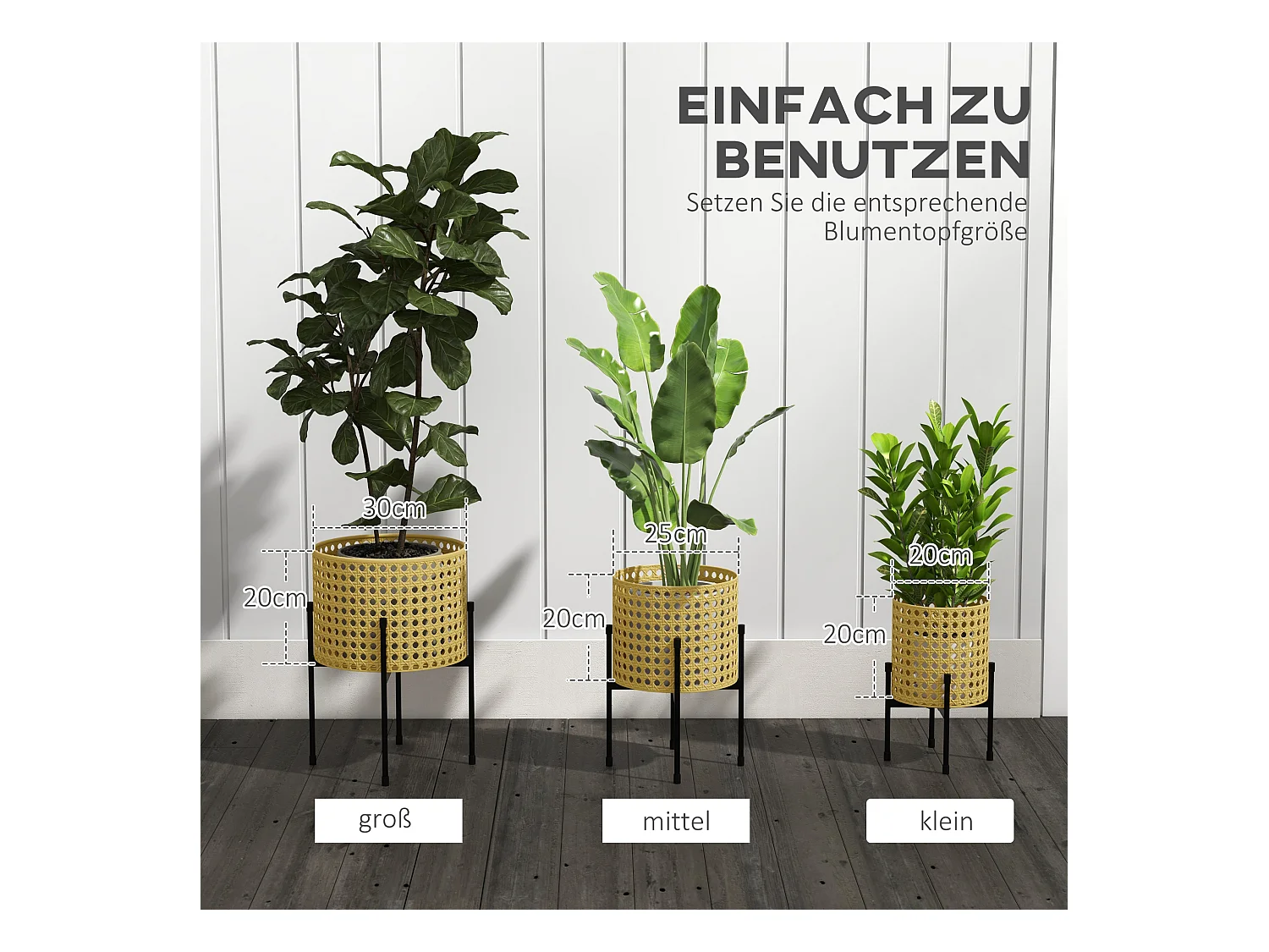 Juego de 3 soportes para plantas de metal dorado, diseño de ratán, para uso interior y exterior (30 x 30 x 40 cm)