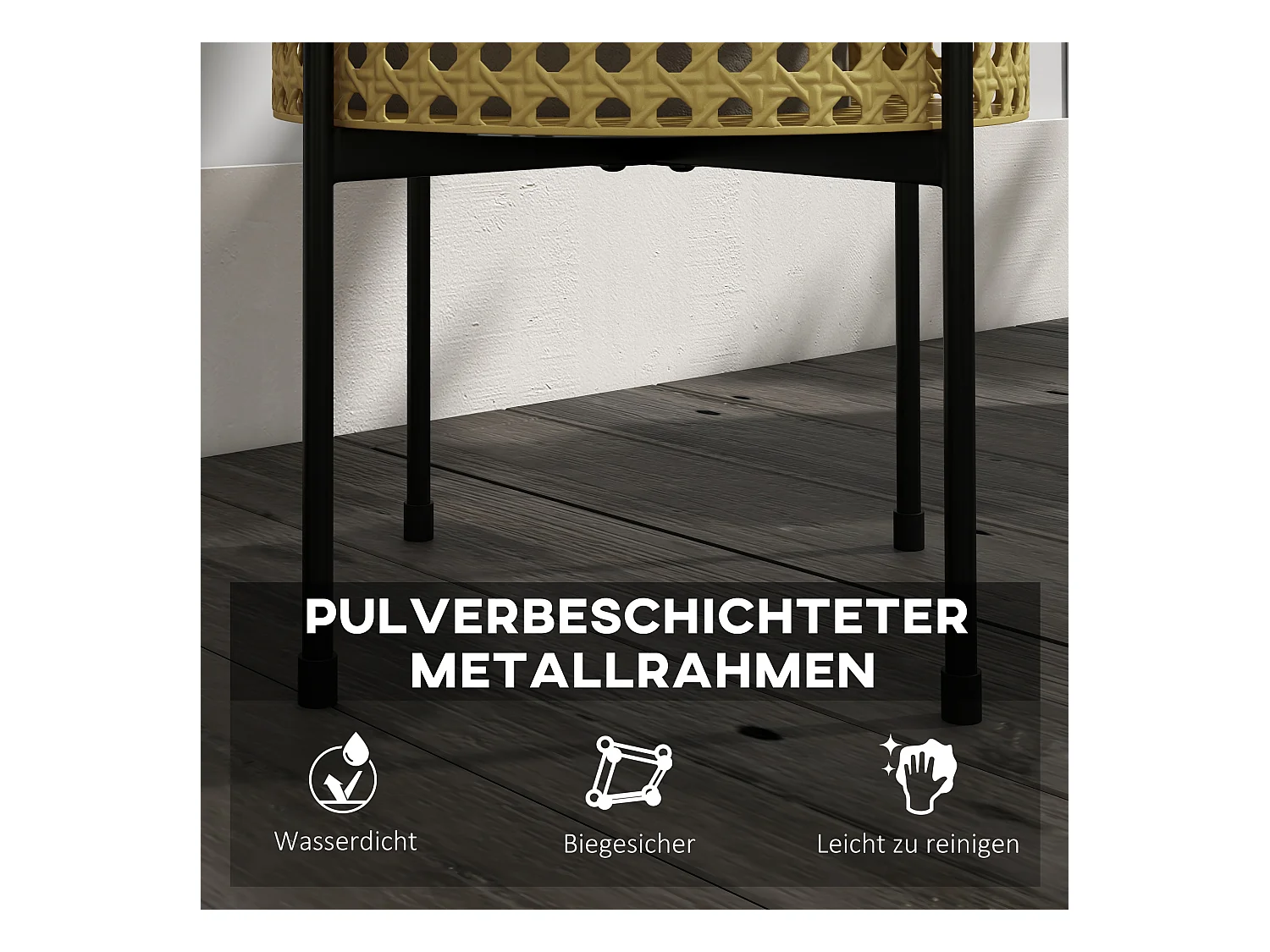 Juego de 3 soportes para plantas de metal dorado, diseño de ratán, para uso interior y exterior (30 x 30 x 40 cm)