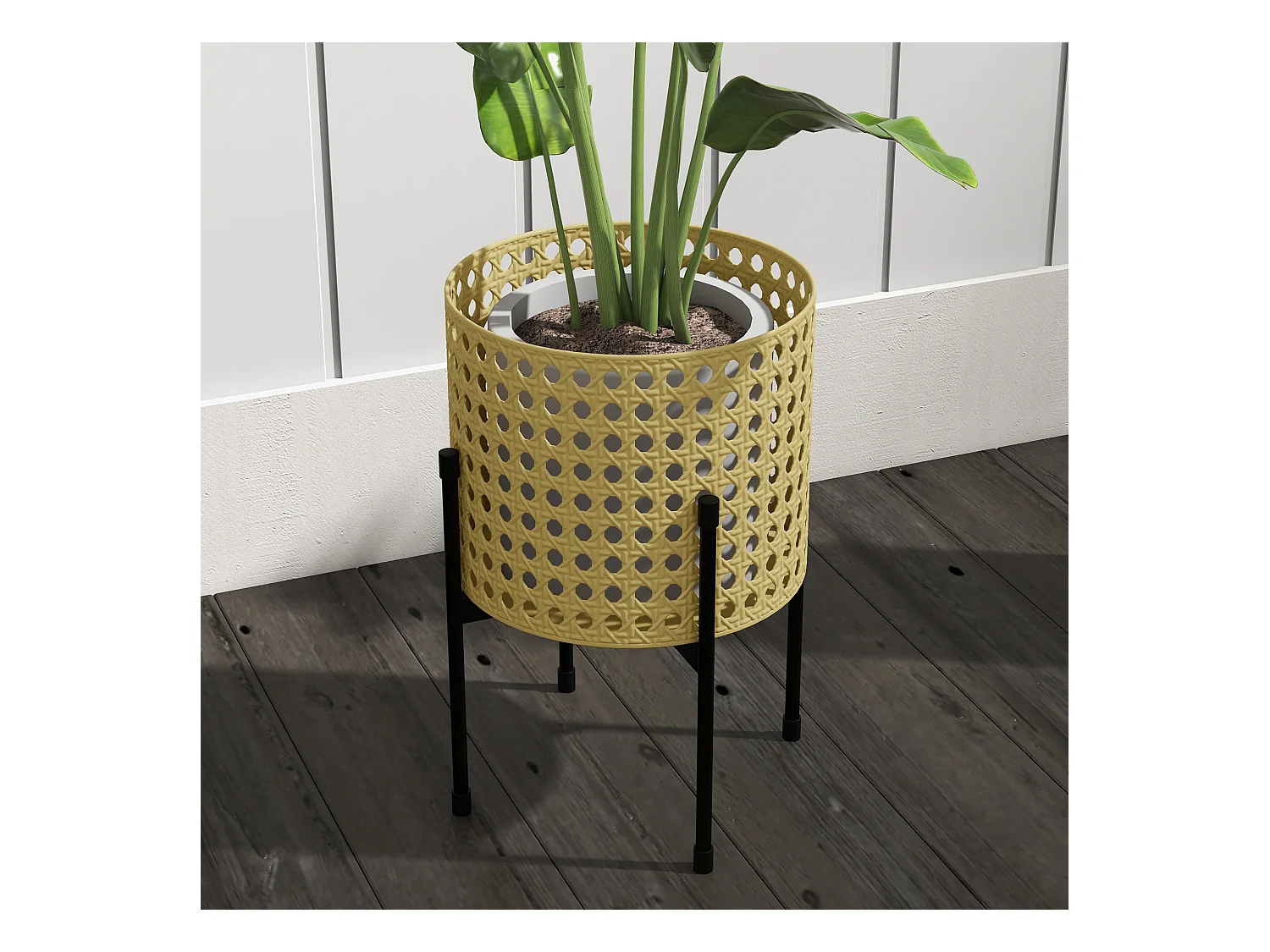 Juego de 3 soportes para plantas de metal dorado, diseño de ratán, para uso interior y exterior (30 x 30 x 40 cm)