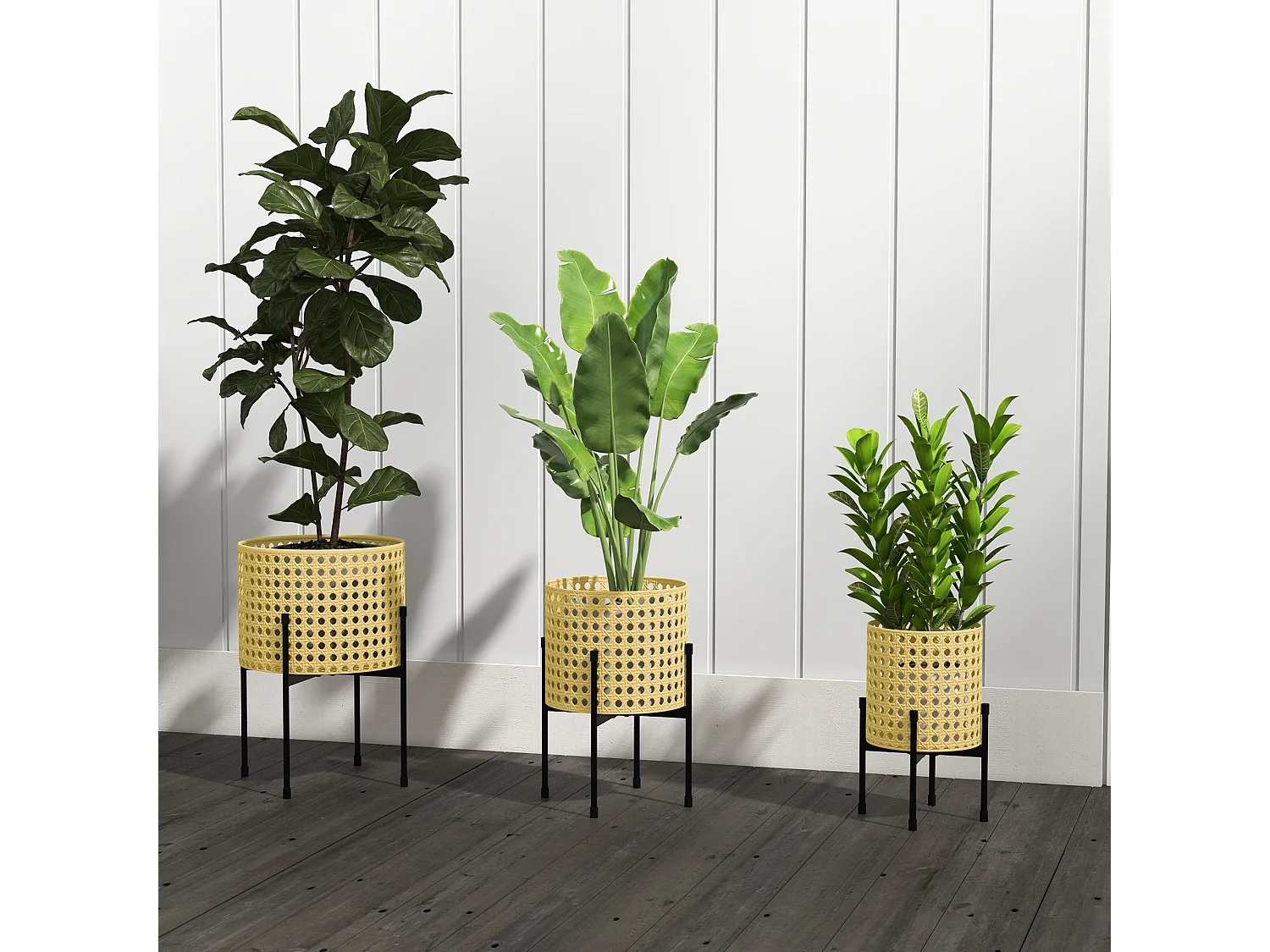 3er-Set goldene Pflanzenständer aus Metall, Rattan-Design, für den Innen- und Außenbereich (30x30x40 cm)